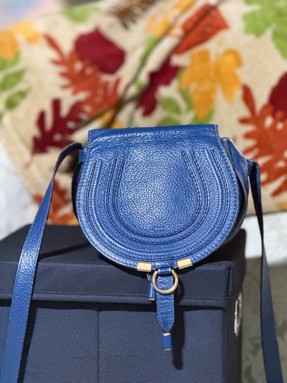 Authentic Chloe' Marcie Saddle Bag in Cobalt Blue ", H 7", W 7.5", D 4",